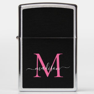 Chic Zwart Hot Magenta Roze Monogram Girly Script