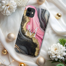 Chic Zwart Roze Goud Glitter Marmer Monogram iPhone 11 Hoesje