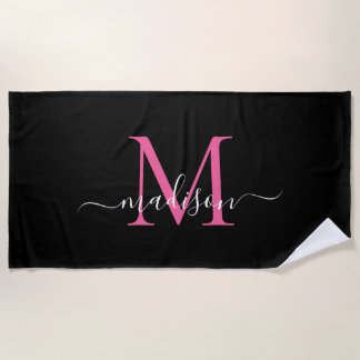 Chic Zwart Roze Monogram Vrouwelijk Girly Script Strandlaken