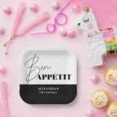 Chic Zwart-wit Bon Appétit Script Verjaardag Papieren Bordje (Feest)