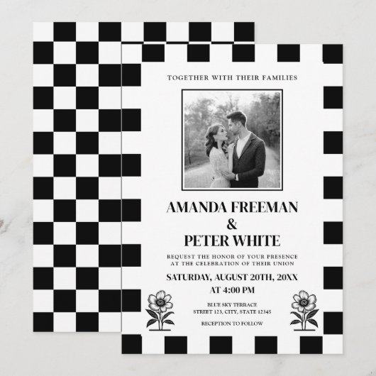 Chic Zwart & Wit Foto Checkerboard Huwelijk Kaart (Voorkant / Achterkant)