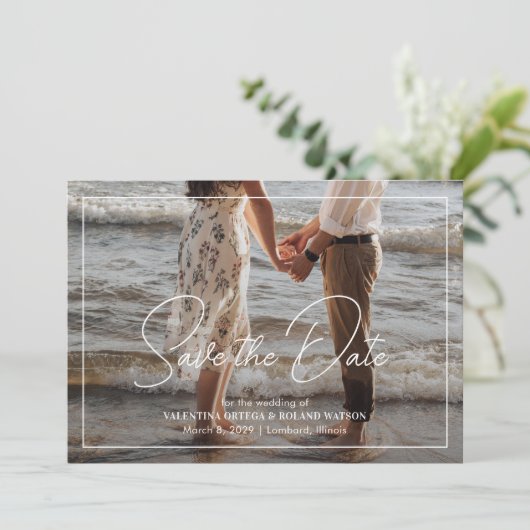 Chic Zwart-wit foto Moderne bruiloft Save The Date (Staand voorkant)