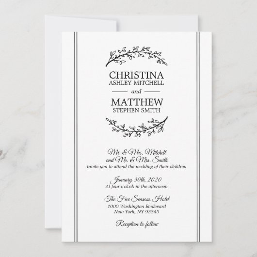 Chic Zwart Wit Laurel Krans BRUILOFT Kaart (Voorkant)