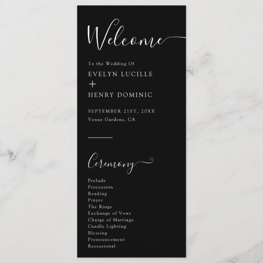Chic zwart-wit minimalistische bruiloft ceremonie programma (Voorkant)