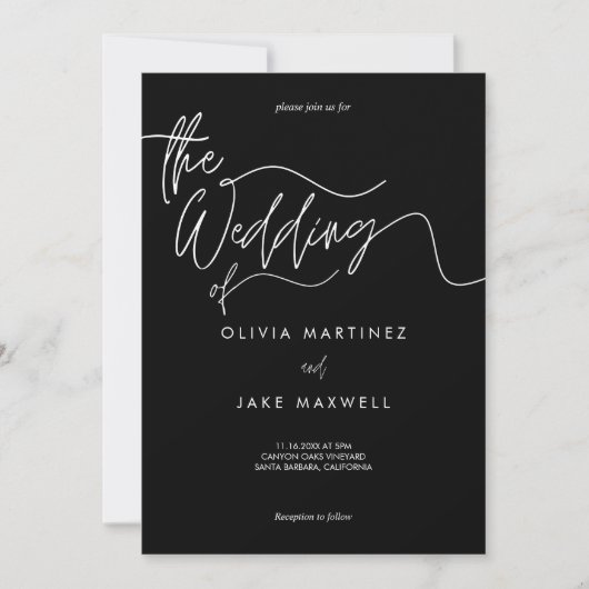 Chic Zwart & Wit Modern Script Trouwen Kaart (Voorkant)