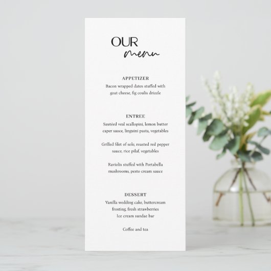 Chic zwart-wit moderne bruiloft menu (Staand voorkant)