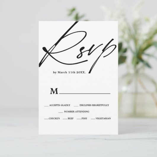 Chic zwart wit script kalligrafie rsvp bruiloft (Staand voorkant)