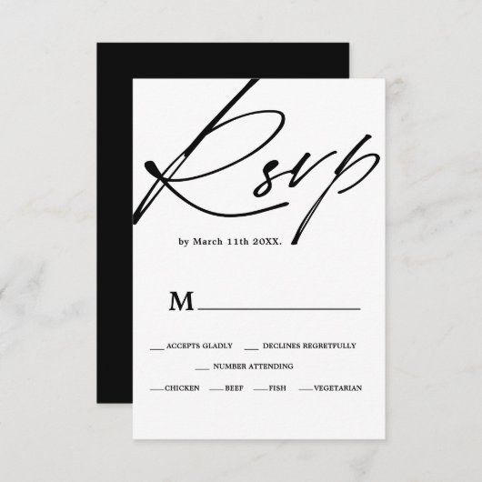 Chic zwart wit script kalligrafie rsvp bruiloft (Voorkant / Achterkant)