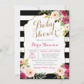Chic Zwart & Wit Streep Roze Bloemen Baby shower Kaart (Voorkant)
