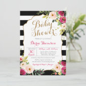 Chic Zwart & Wit Streep Roze Bloemen Baby shower Kaart (Staand voorkant)