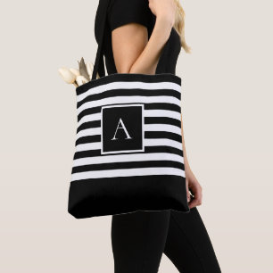CHIC ZWART WIT STREEP Vierkante letter Monogram Draagtas