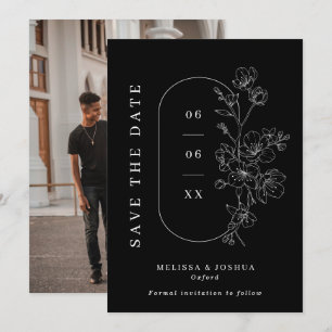 Chic Zwart & Witte Lijn Getrokken Bloemen Foto Huw Save The Date