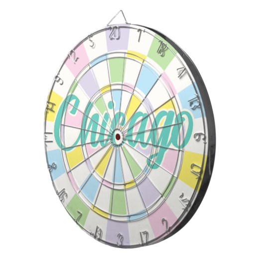 Chicago Aquamarijn tekst op witte en pastelkleuren Dartbord (Voorkant Rechts)