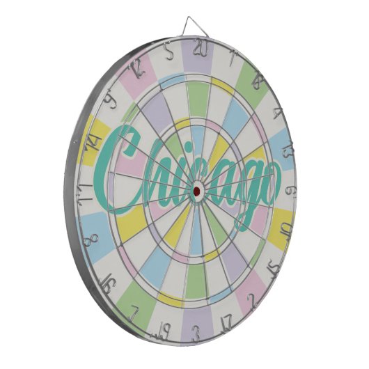 Chicago Aquamarijn tekst op witte en pastelkleuren Dartbord (Voorkant Links)