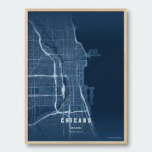 Chicago Blau Kaart Print Muurkunst Poster Cadeaubo