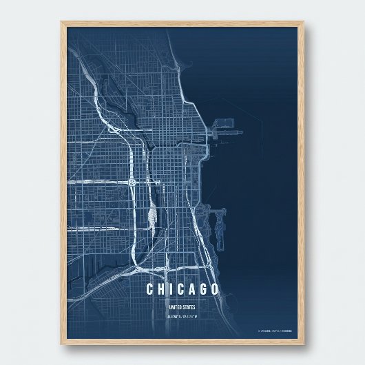 Chicago Blau Kaart Print Muurkunst Poster Cadeaubo