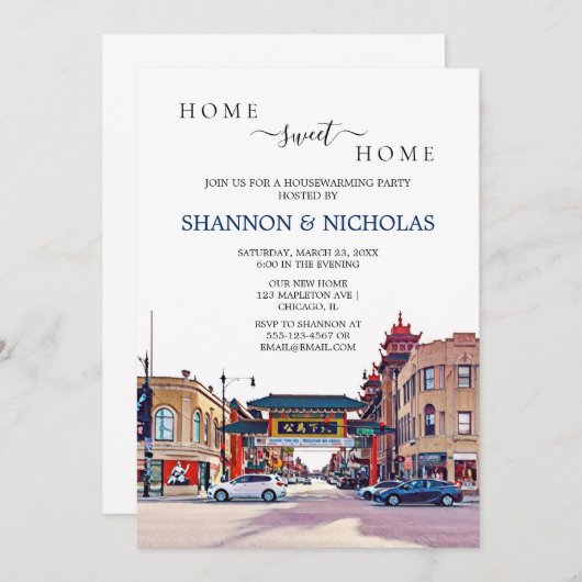 Chicago Chinatown Housewarming Invitation Save The Date (Voorkant / Achterkant)