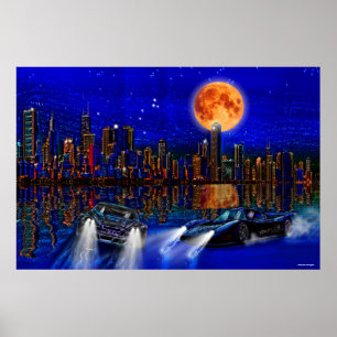Chicago City Skyline en Street-Racing Cars Poster