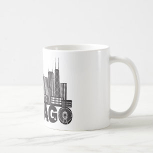Chicago City Skyline Text Black and White Koffiemok