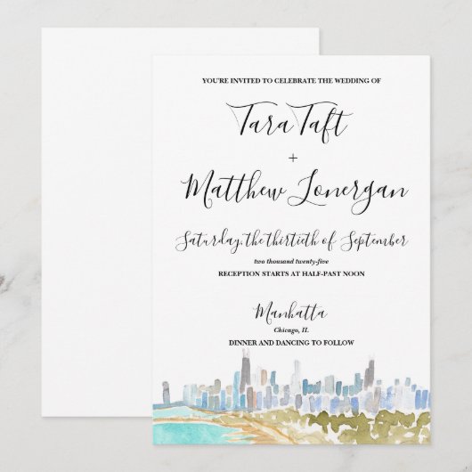 Chicago City Skyline Watercolor Wedding Invitation (Devant / Derrière)