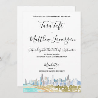 Chicago City Skyline Watercolor Wedding Invitation Kaart