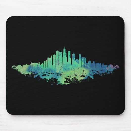 Chicago City Skyline Waterverf in blauw en groen Muismat (Voorkant)