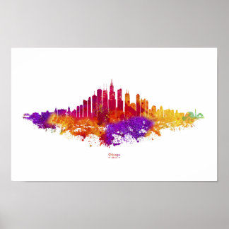 Chicago City Skyline Waterverf op wit Poster
