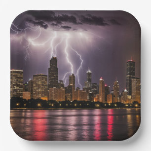 Chicago City wolkenkrabbers met bliksem Papieren Bordje