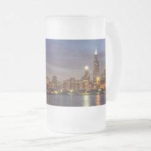 Chicago Cityscape Night Frosted Glass Beer Mok