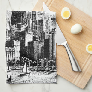 Chicago Cityscape Zwart Wit Theedoek