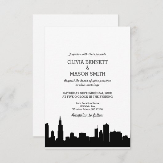 Chicago Il Skyline Cityscape Wedding Invitation Kaart (Voorkant / Achterkant)