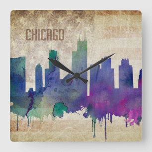 Chicago, IL   Waterverf City Skyline Vierkante Klok