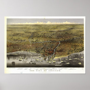 Chicago Illinois 1874 Antiek Panoramic Map Poster