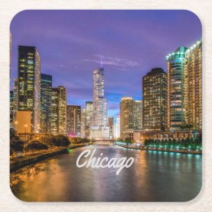Chicago Illinois City bij nacht Vierkante Kartonnen Onderzetter