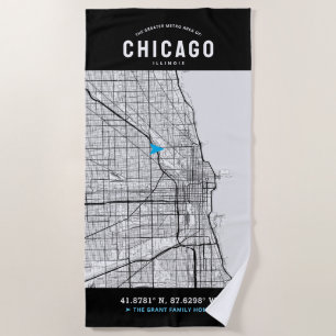 Chicago, Illinois City Map + Je aangepaste locatie Strandlaken