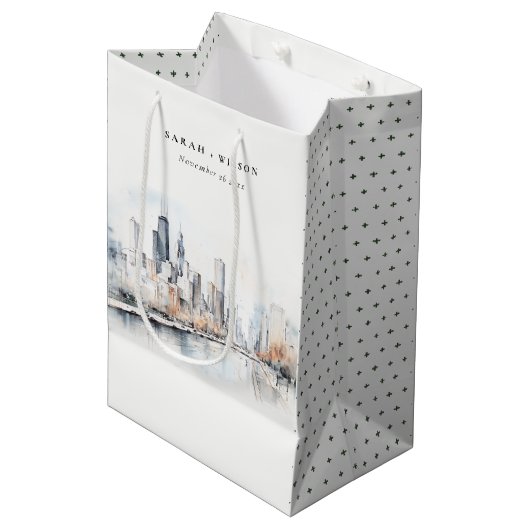 Chicago, Illinois City Scape Waterverf bruiloft Medium Cadeauzakje (Voorkant Gekanteld)
