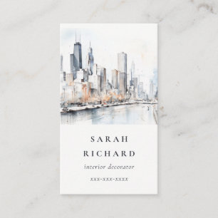 Chicago, Illinois City Scape Waterverf Reizen Visitekaartje