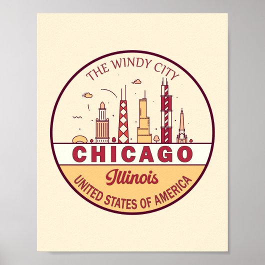 Chicago Illinois City Skyline Emblem Poster (Voorkant)
