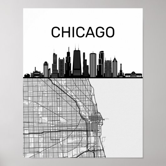 Chicago Illinois City Skyline met map Poster (Voorkant)