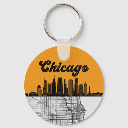 Chicago Illinois City Skyline met map Sleutelhanger (Voorkant)