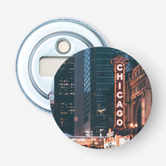Chicago Illinois Neon Sign 's nachts Button Flesopener (Voorkant)