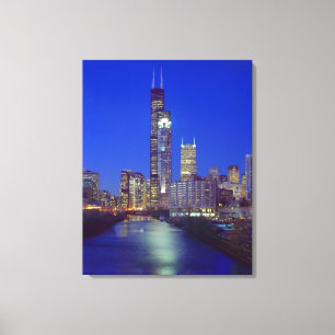 Chicago, Illinois, Silhouet bij nacht met Chicago Canvas Afdruk