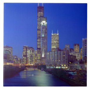 Chicago, Illinois, Silhouet bij nacht met Chicago Tegeltje