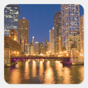 Chicago, Illinois, Silhouet en Chicago River bij Vierkante Sticker