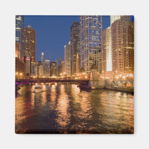 Chicago, Illinois, Silhouet en Chicago River om 2 Magneet
