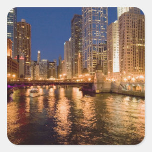 Chicago, Illinois, Silhouet en Chicago River om 2 Vierkante Sticker