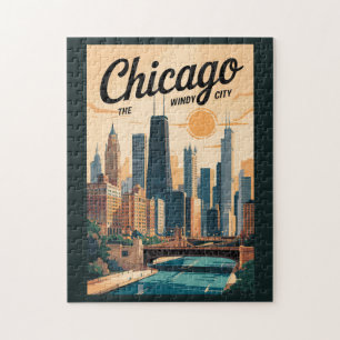 Chicago Illinois Silhouette Reis Kunst Vintage Legpuzzel