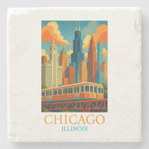 Chicago Illinois Silhouette Vintage Kunst Reis Stenen Onderzetter