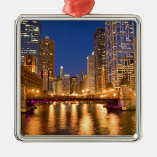 Chicago, Illinois, Skyline en Chicago River op Metalen Ornament