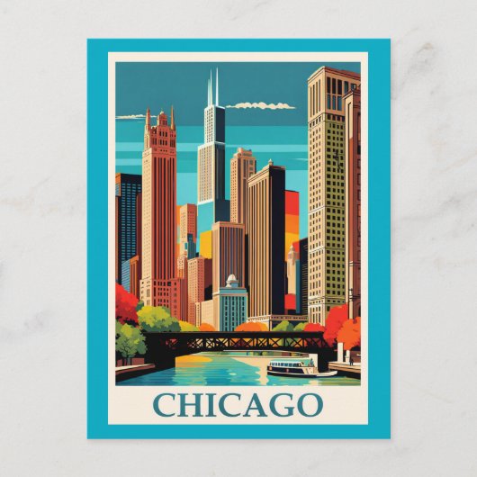 Chicago kleurrijk stadsbeeld briefkaart (Voorkant)